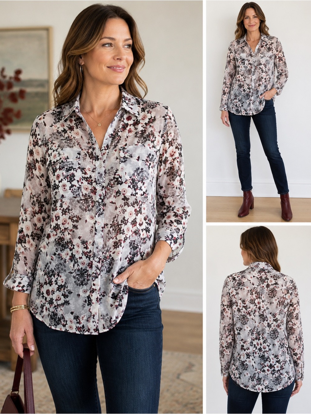 Talbots Size XL Floral Chiffon Button Front Blouse Sheer Long Sleeve Career Top